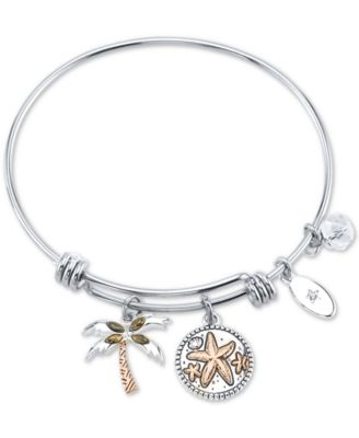 Unwritten - Marcasite Palm Tree & "Life's a beach ride the waves" Charm Bangle Bracelet in Silver-Plate Stainless Steel and Rose Gold-Tone