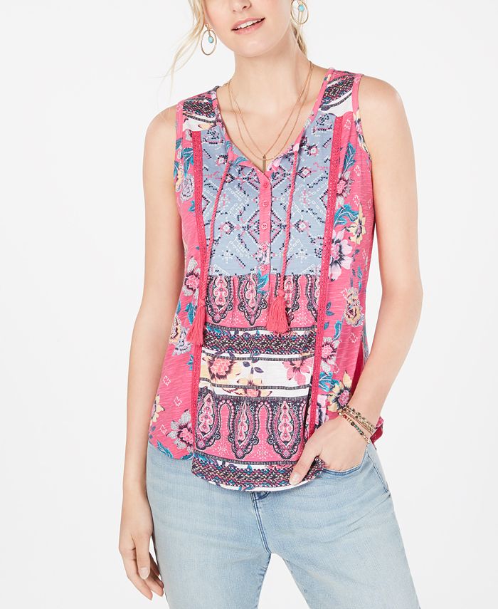 Style & Co Mixed-Print Tassel-Tie Top, Created for Macy's - Macy's