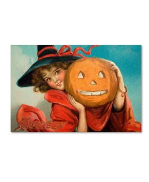 Trademark Global Vintage Apple Collection 'halloween Girl Blue Sky Pumpkin' Canvas Art In Multi