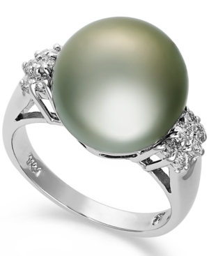 image of 14k White Gold Ring, Tahitian Pearl (12mm) and Diamond (1/4 ct. t.w.) Ring