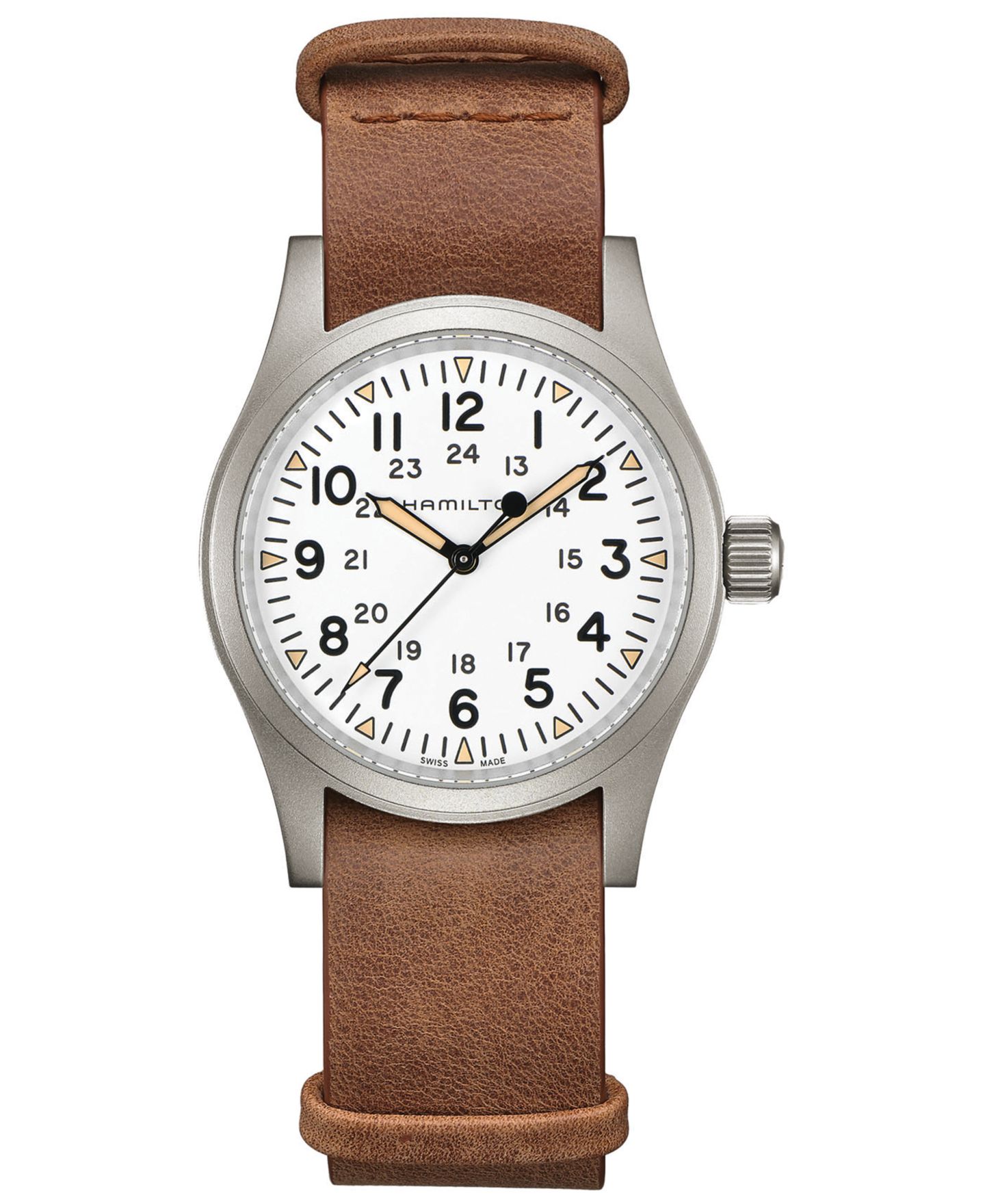 Мужские часы Hamilton Swiss Mechanical Khaki Field Brown Leather Strap Watch 38mm — фото 1