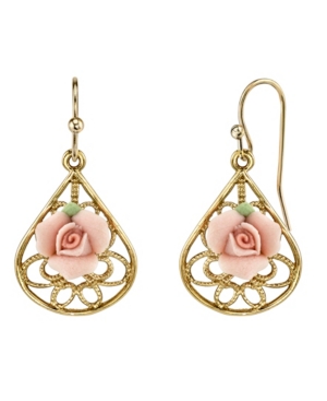 image of 2028 Gold-Tone Pink Porcelain Rose Filigree Pear Shaped Drop Earrings