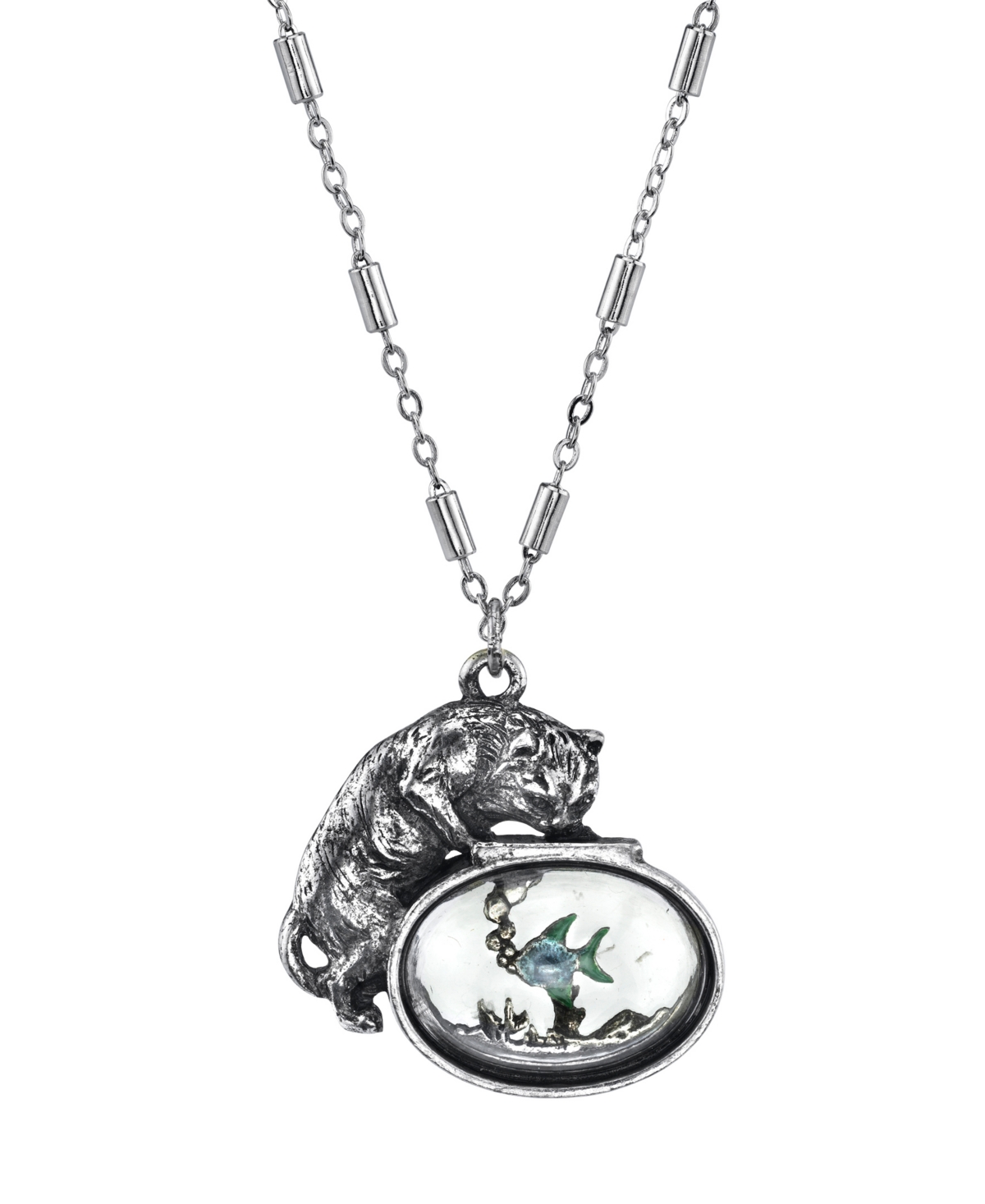 2028 Pewter Cat With Blue Enamel Fish In Glass Fishbowl Necklace 30"