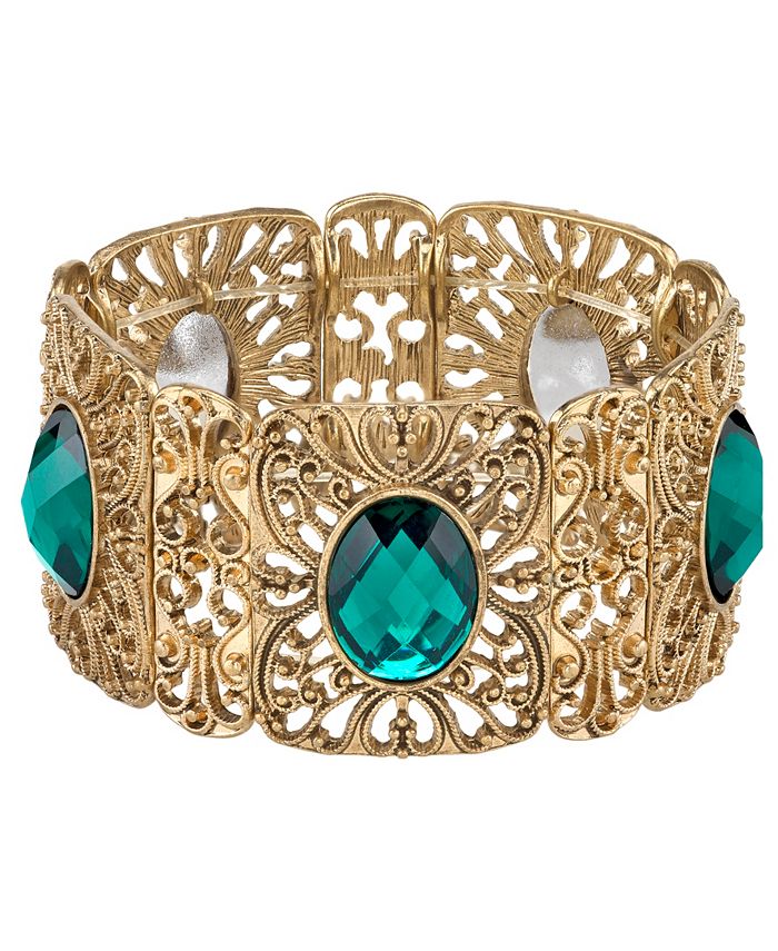 2028 Gold-Tone Emerald Green Color Wide Filigree Stretch Bracelet - Macy's