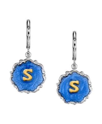 Silver Tone Blue Enamel Gold Tone Initial Earrings
