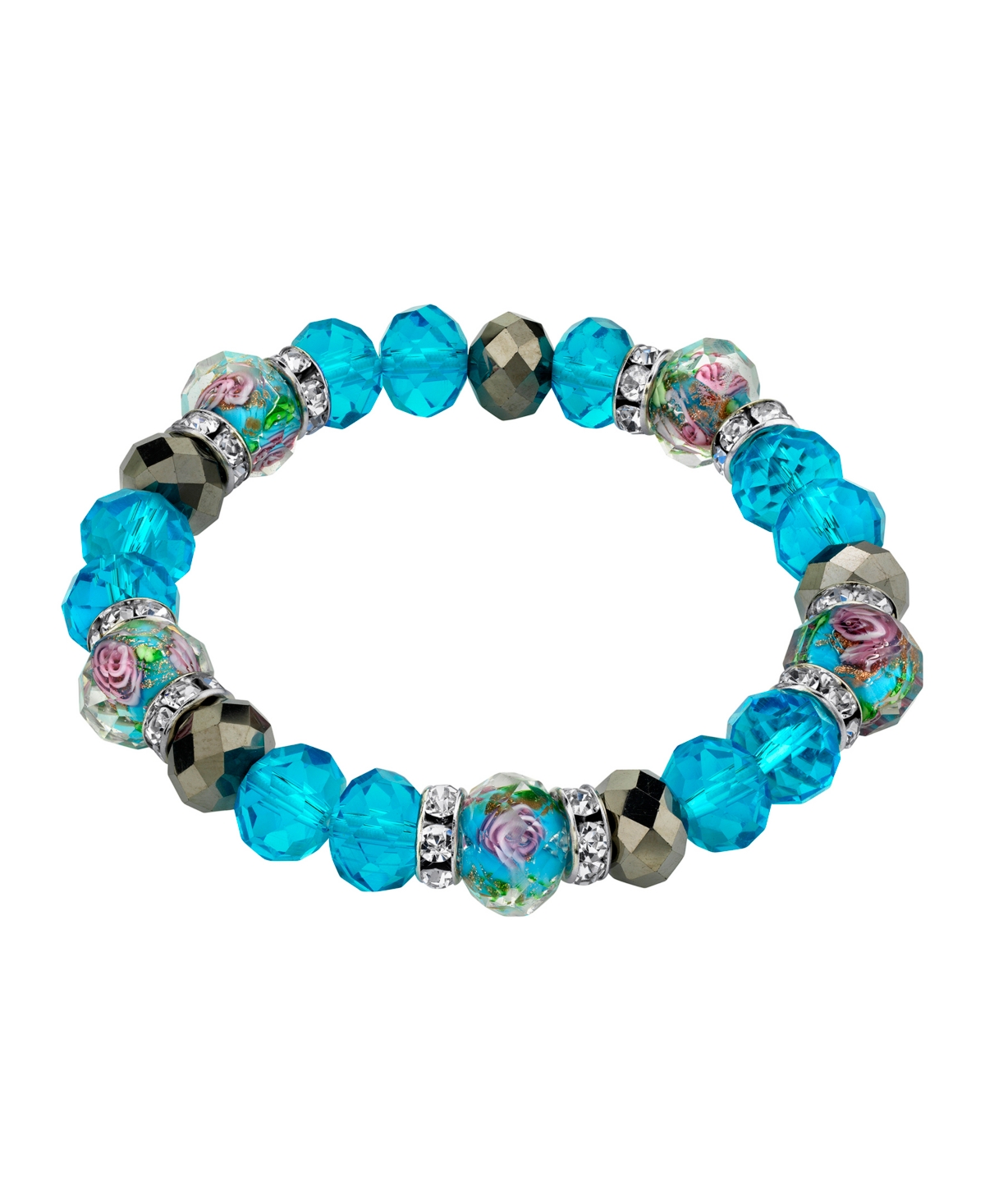 2028 Silver Tone Aqua Pink Flower Crystal Stretch Beaded Bracelet In Blue