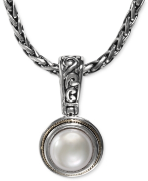 image of Effy Cultured Freshwater Pearl Scroll Sides Pendant (10mm) in Sterling Silver and 18k Gold