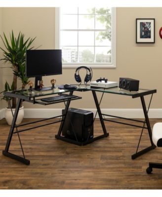 Walker Edison 51" Home Office L-Shaped Glass Corner Computer Desk with Black Metal Frame