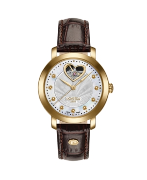 image of Roamer of Switzerland Ladies Goldtone Mother of Pearl Dial Dark Brown Leather Strap Watch 34mm