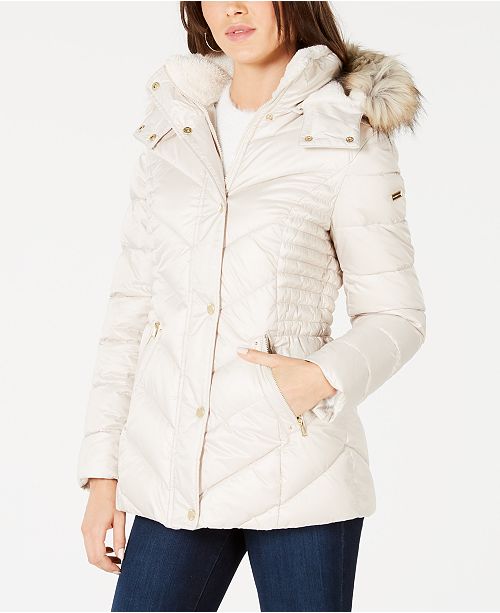 Laundry By Shelli Segal Hooded Faux Fur Trim Puffer Coat
