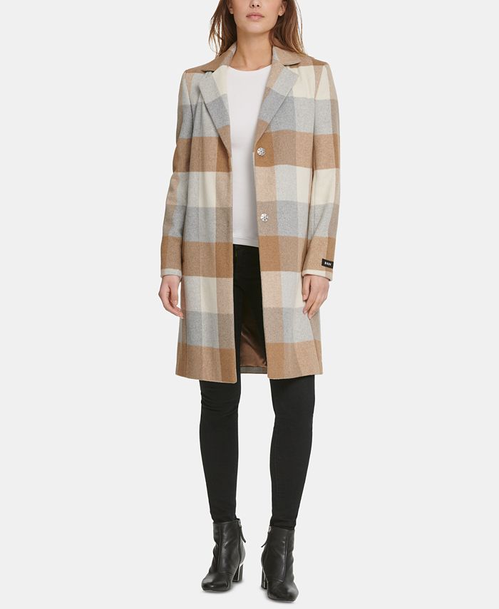 DKNY Single-Breasted Plaid Coat, Created for Macy's & Reviews - Coats ...
