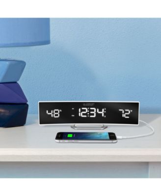 White Curved Alarm Clock with Mirrored LED Lens Display