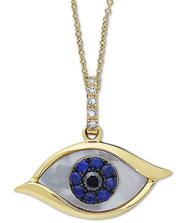 EFFY Collection - Mother-of-Pearl, Sapphire (1/10 ct. t.w.) & Diamond Accent Evil-Eye 18" Pendant Necklace in 14k Gold