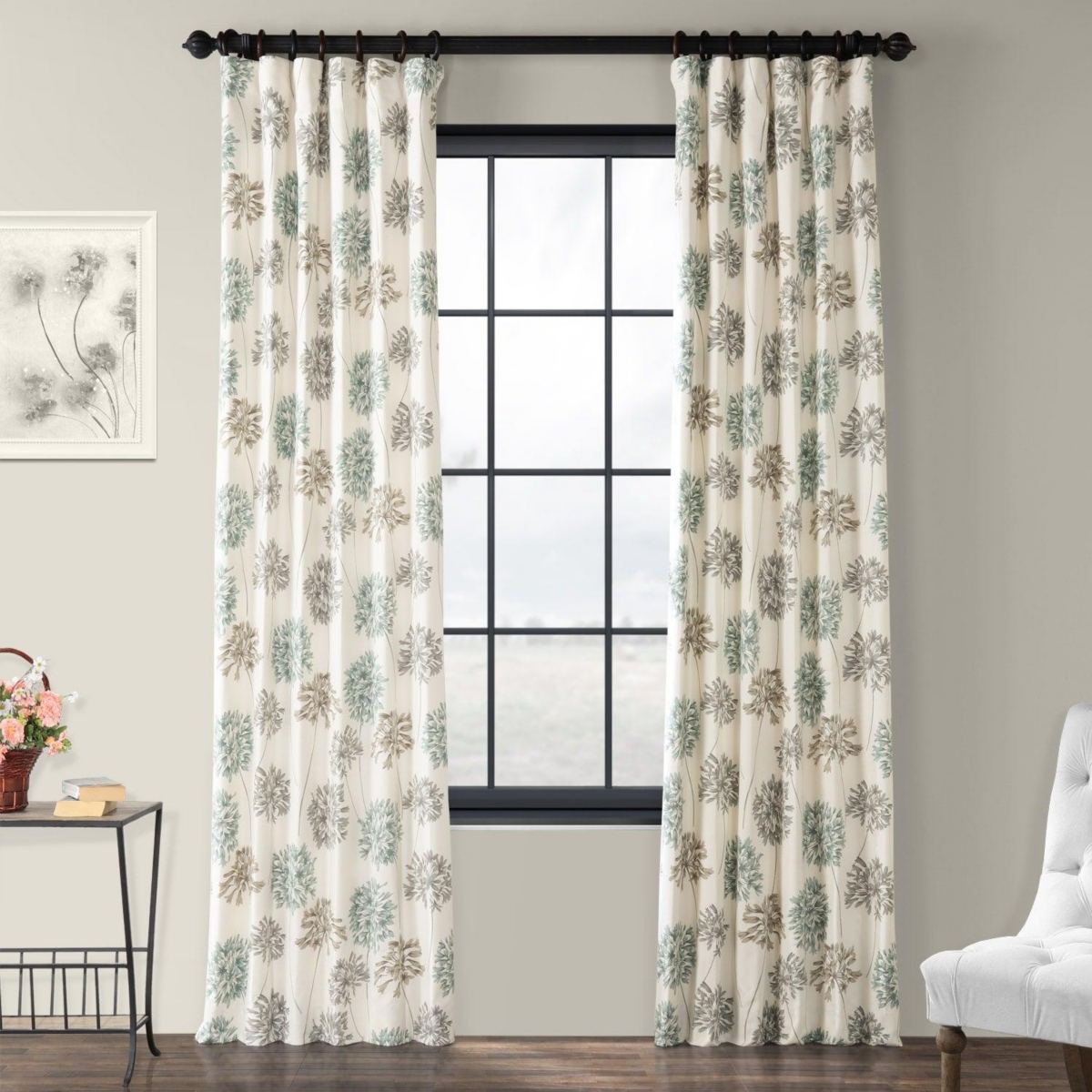 Half Price Drapes Allium Blue Grey Floral Printed Cotton Room Darkening Curtain