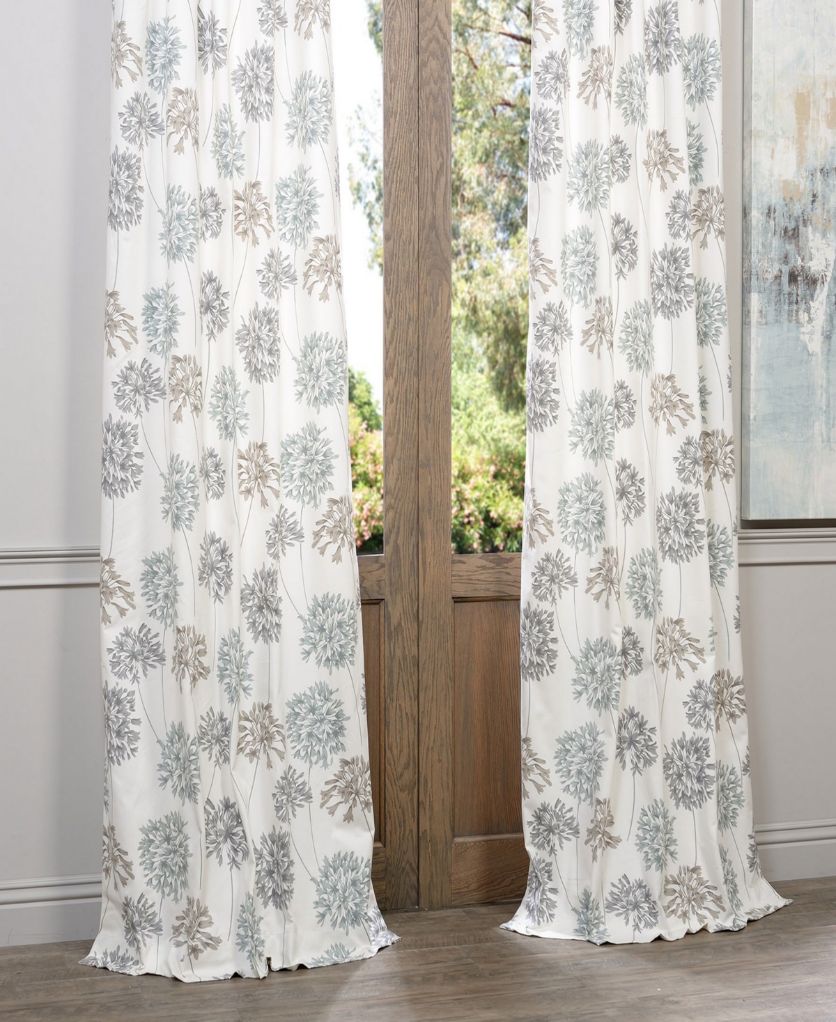 Half Price Drapes Allium Blue Grey Floral Printed Cotton Room Darkening Curtain In Cream