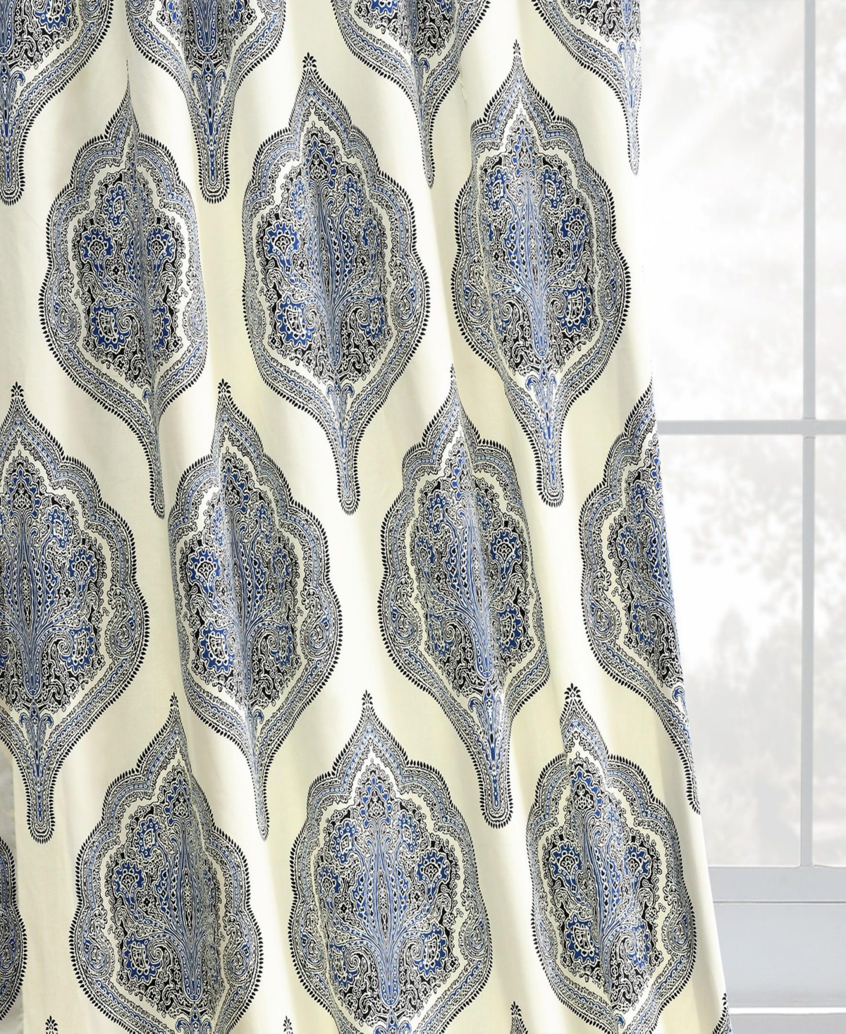 Half Price Drapes Arabesque Blue Emblem Printed Cotton Room Darkening Curtain