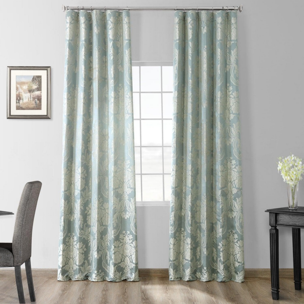 Half Price Drapes Magdelena Blue & Steel Damask Faux Silk Jacquard Room Darkening Curtain
