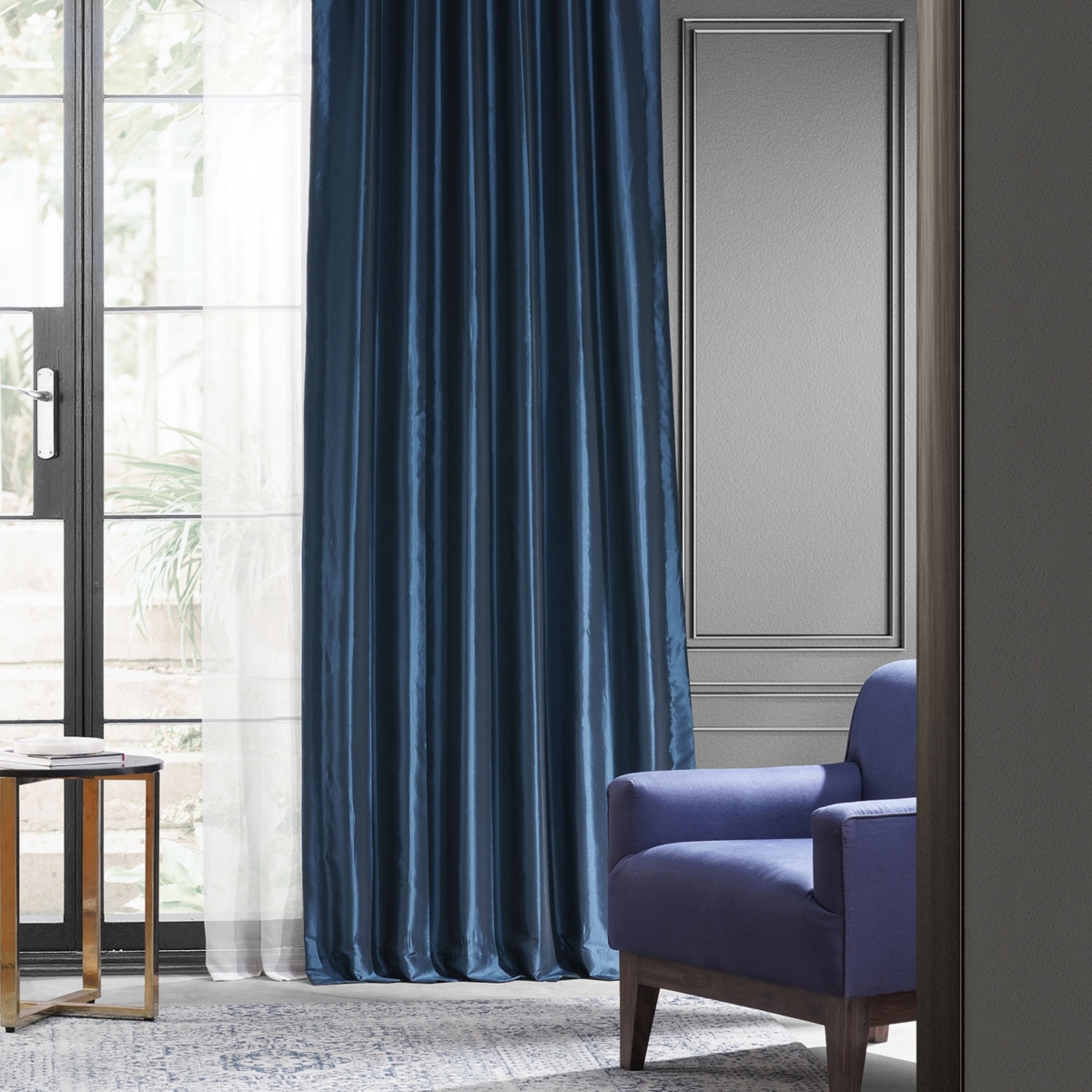 Half Price Drapes Navy Blue Faux Silk Taffeta Blackout Curtain