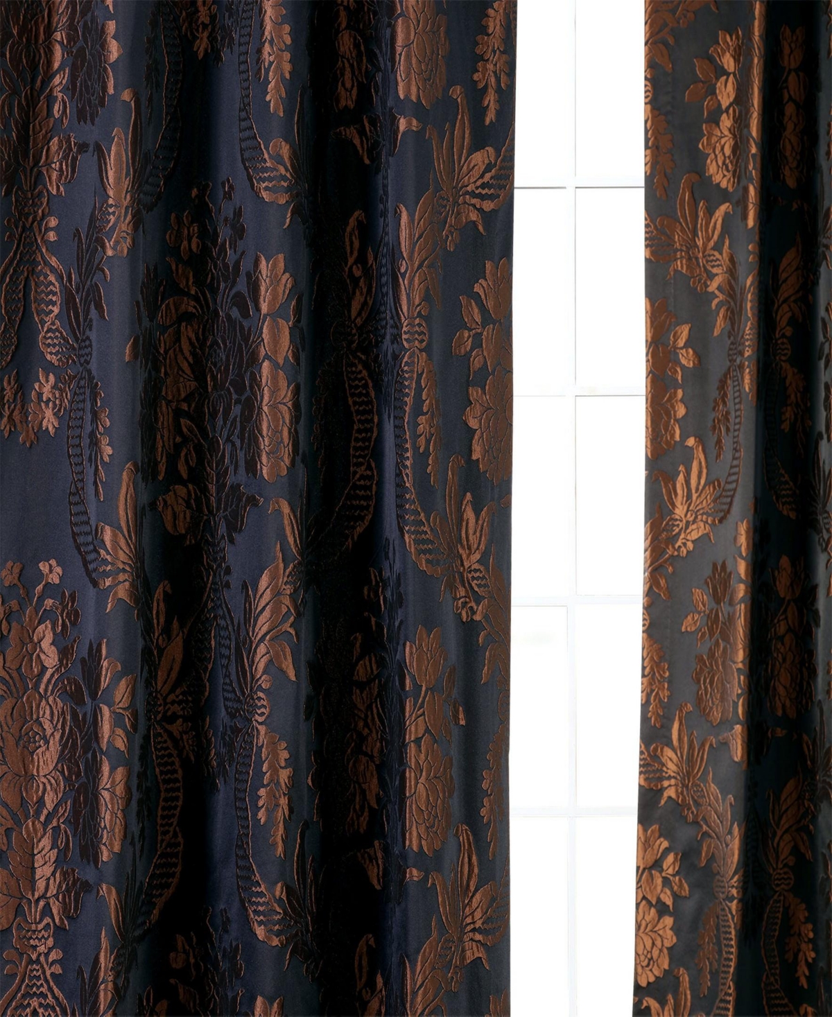 Half Price Drapes Magdelena Black & Copper Damask Faux Silk Jacquard Room Darkening Curtain