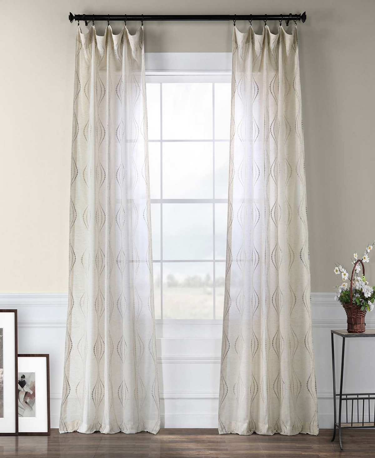 HALF PRICE DRAPES SUEZ NATURAL EMBROIDERED STRIPED PATTERNED FAUX LINEN SHEER CURTAIN 