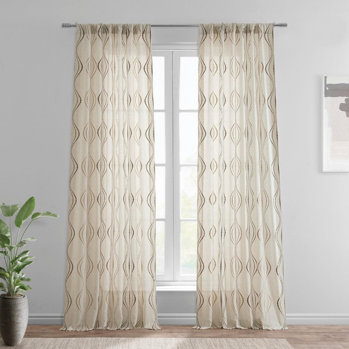 Half Price Drapes Suez Bronze Embroidered Striped Patterned Faux Linen Sheer Curtain In Beige,tan
