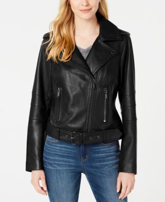 Michael Kors Petite Leather Belted Moto Jacket, Created for Macy's - Macy's