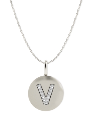 image of 14k White Gold Necklace, Diamond Accent Letter V Disk Pendant