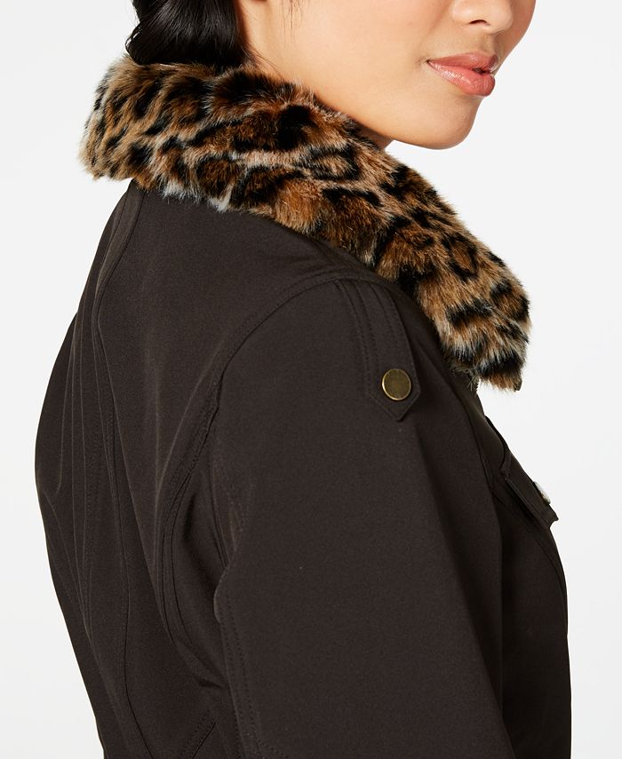 French Connection Leopard Print Faux Fur Trim Hooded Raincoat Macy s