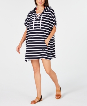 image of Tommy Hilfiger Striped Lace-Up Hooded Cover-Up Dress Women-s Swimsuit