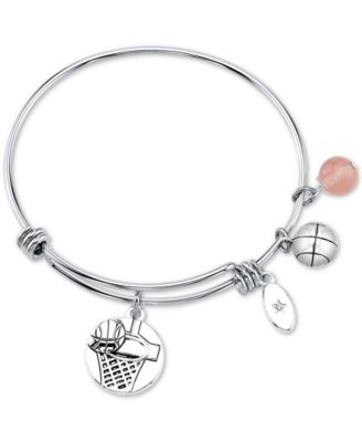 Unwritten - Basketball Charm and Cherry Quartz (8mm) Bangle Bracelet in Stainless Steel