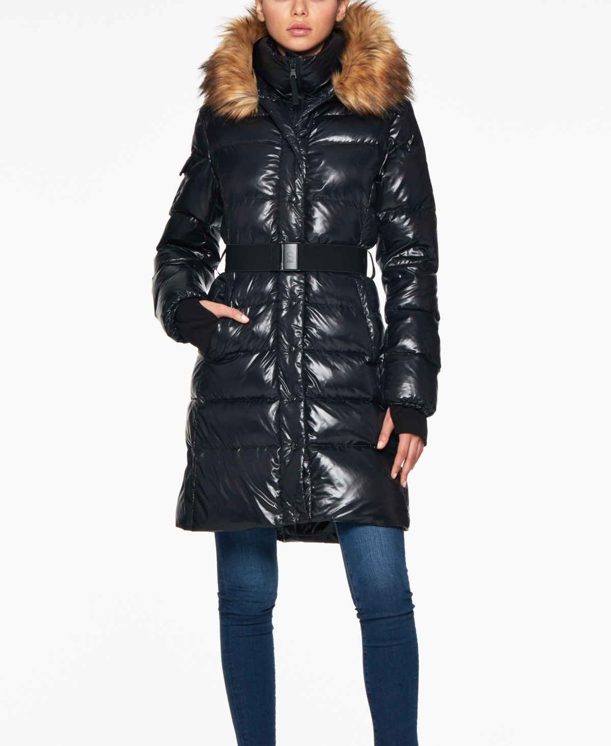 Shop S13 Women's Chalet Belted Faux-fur-trim Hooded Puffer Coat In Jet,natural