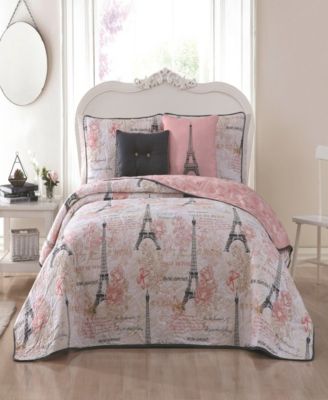 Blush - Amour Paris Themed 4pc Twin Reversible Quilt Set with Decorative Pillows