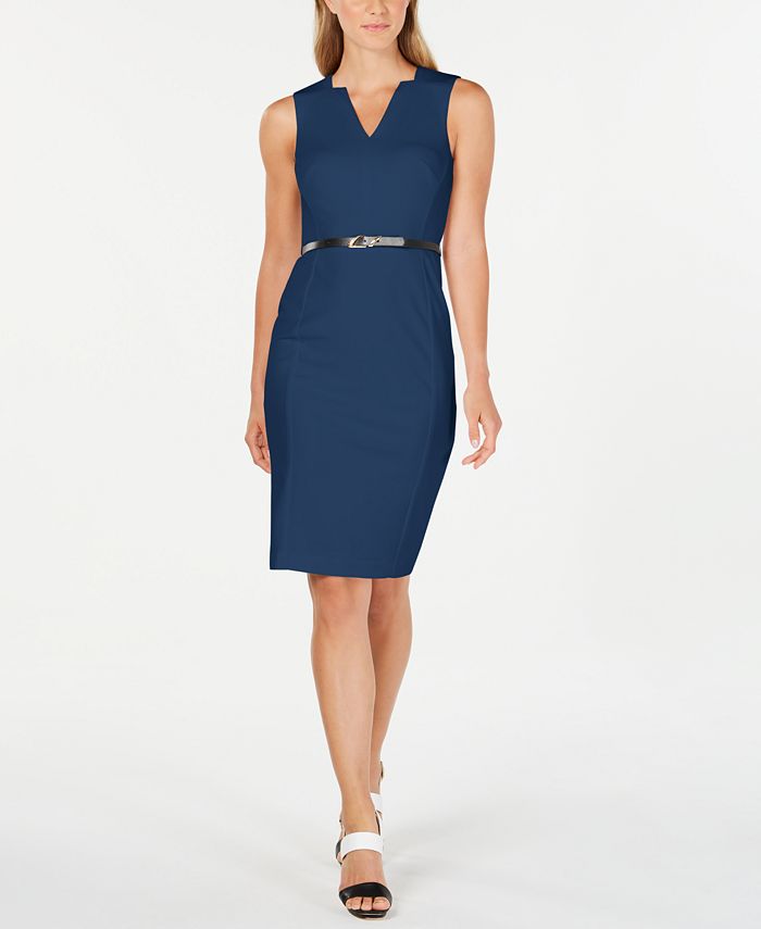 Calvin Klein Petite V-Neck Belted Dress - Macy's