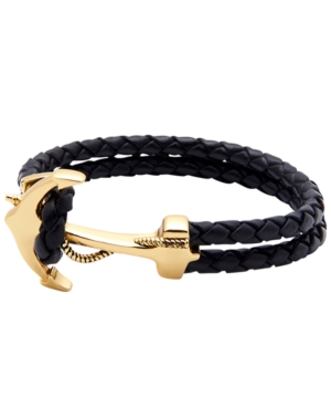Nialaya Men's Black Leather Bracelet With Gold Anchor