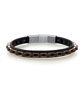 He Rocks Genuine Leather Bracelet with Rose Gold-Tone Stainless Steel ...
