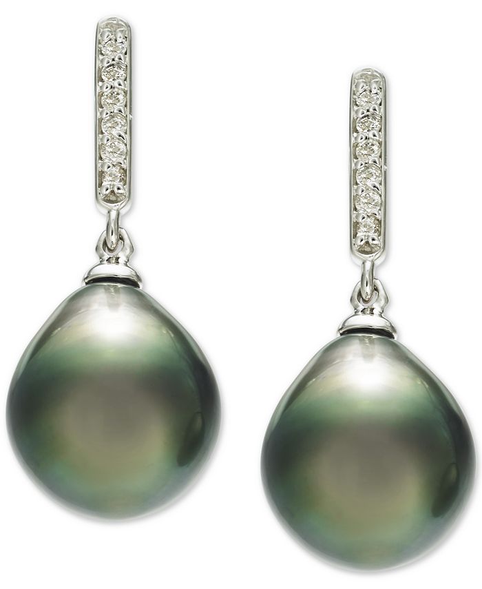 Macy's Cultured Tahitian Pearl (10mm) & Diamond (1/10 ct. t.w.) Drop ...
