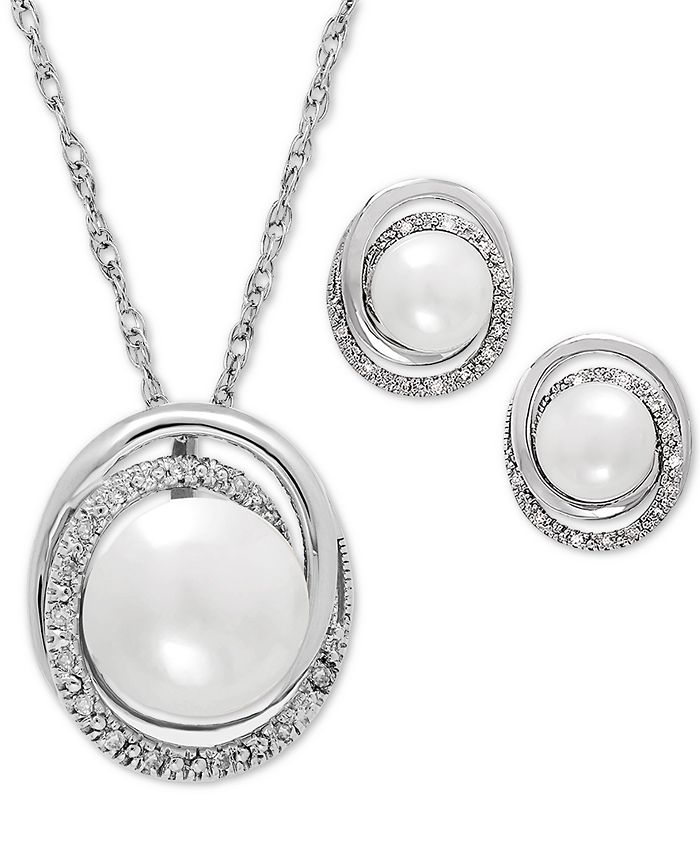 Macy's Cultured Freshwater Pearl (7 & 8mm) and Diamond Accent Pendant Necklace and Earrings Set