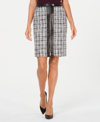 Calvin Klein Tweed Zip-Front Pencil Skirt With Faux-Leather Trim - Macy's