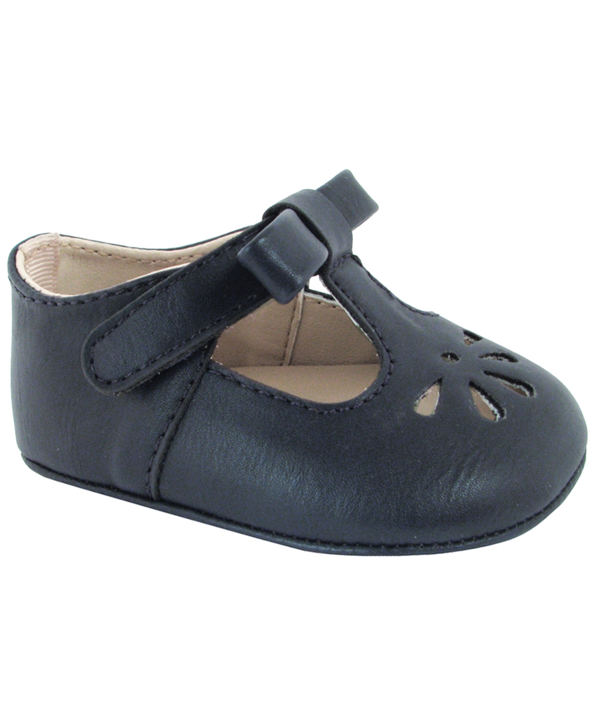 Baby Deer Baby Girl Soft Leather-like T-strap With Bow And Perforation In Navy