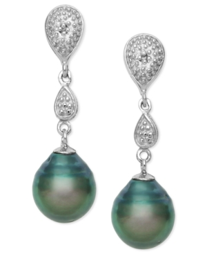 image of Cultured Tahitian Black Pearl (8mm) and Diamond Accent Drop Earrings in Sterling Silver