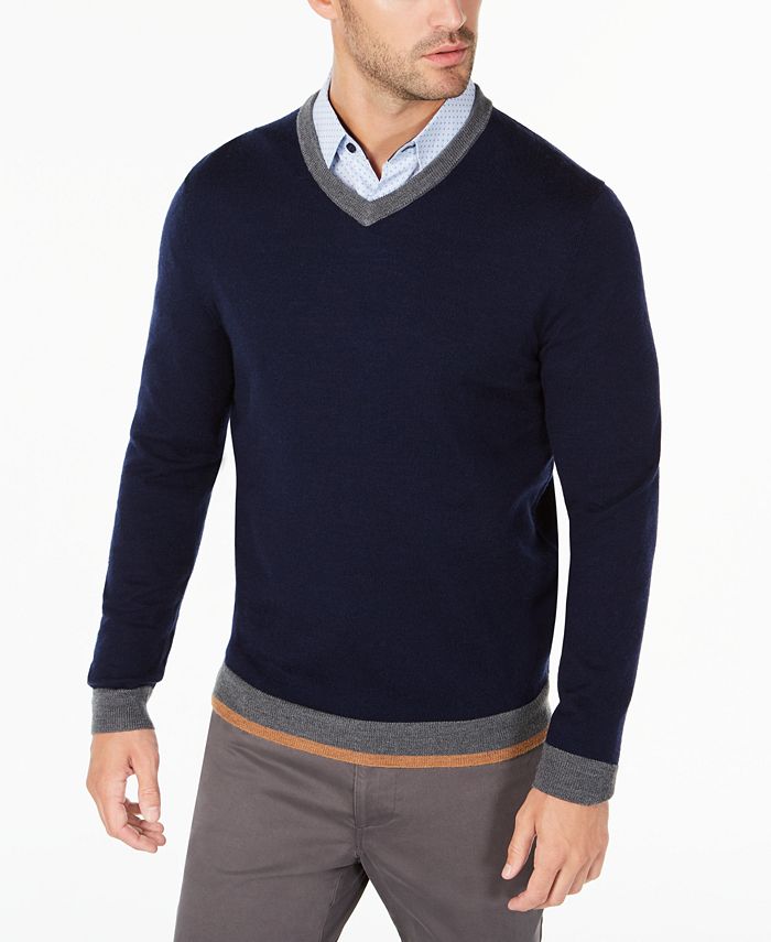 Tasso Elba Mens Merino Wool Blend V Neck Solid Sweater Created For