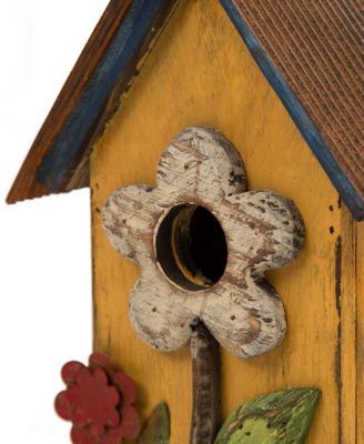 Distressed Solid Wood Birdhouse with Flower