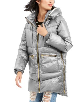 pale grey faux fur trim hooded puffer jacket