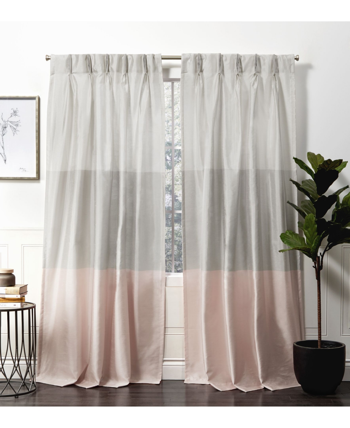 Curtains Chateau Striped Faux Silk Pinch Pleat Curtain Panel Pair, 27" x 84" - Pink