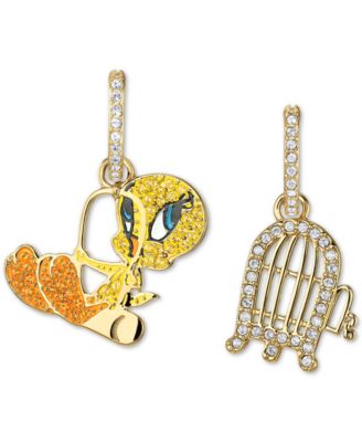 Swarovski - Gold-Tone Crystal Tweety and Cage Mismatch Dangle Hoop Earrings