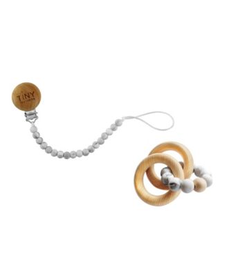 3 Stories Trading Tiny Teethers Infant Silicone And Beech Rattle And Pacifier Clip Set - White