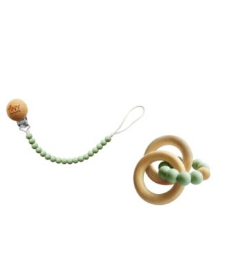 3 Stories Trading Tiny Teethers Infant Silicone And Beech Rattle And Pacifier Clip Set - Sage