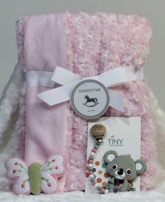 Baby Girls Blanket, Pacifier Clip, Teether, and Toy, 4 Piece Set