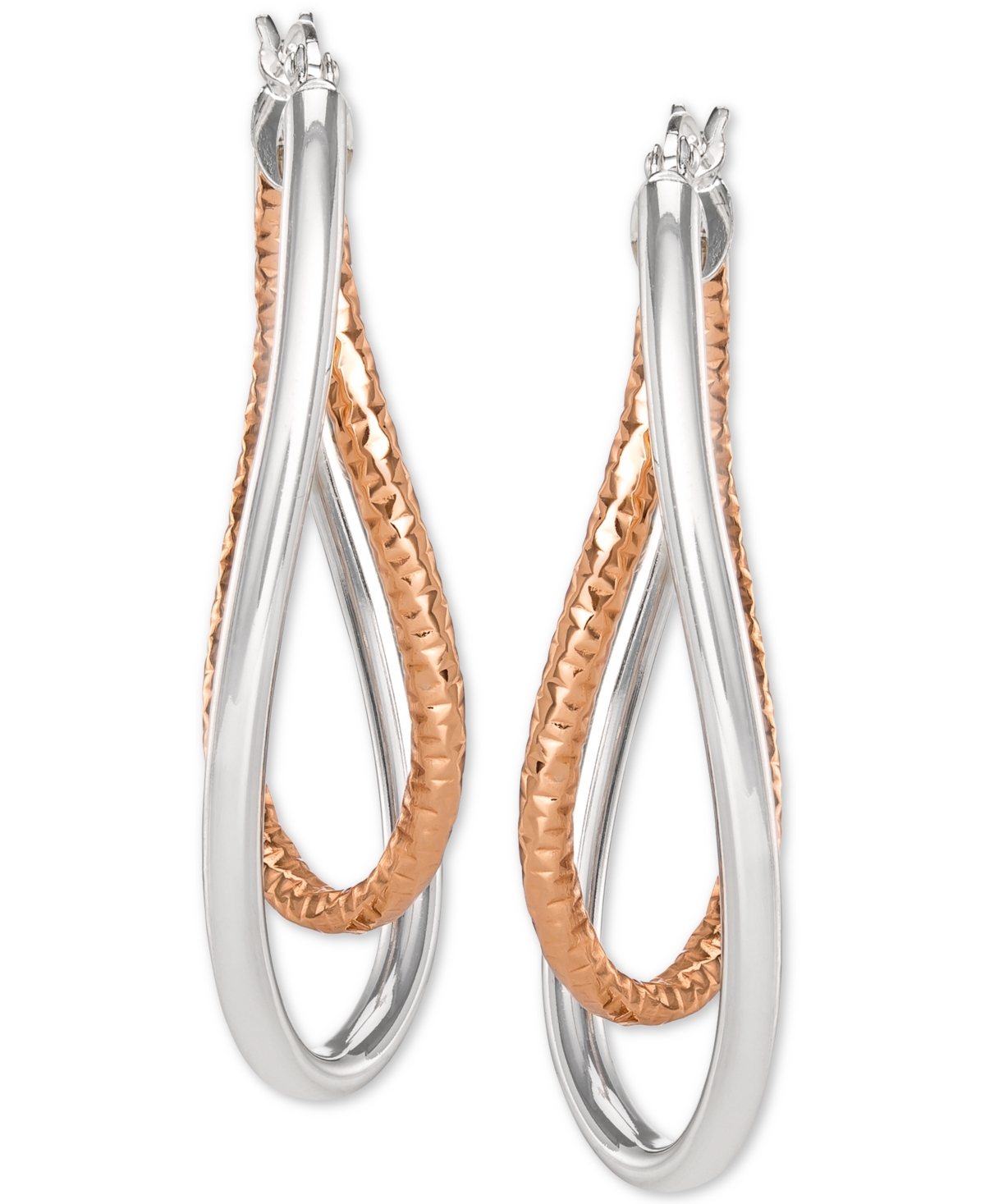 Macy's Two-tone Textured & Polished Twist Hoop Earrings In Sterling Silver & 18k Rose Gold-plate In Silver