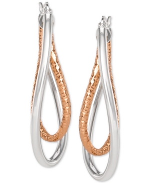 Macy's Two-tone Textured & Polished Twist Hoop Earrings In Sterling Silver & 18k Rose Gold-plate